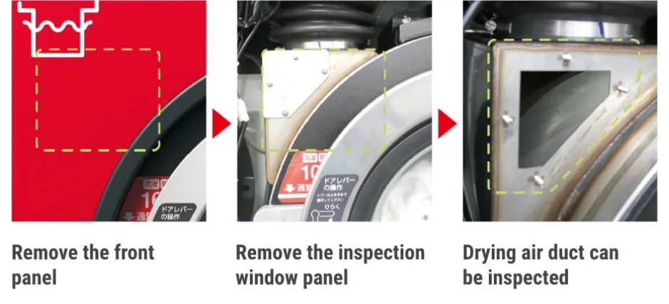 Remove the front panel, Remove the inspection window panel, Drying air duct can be inspected