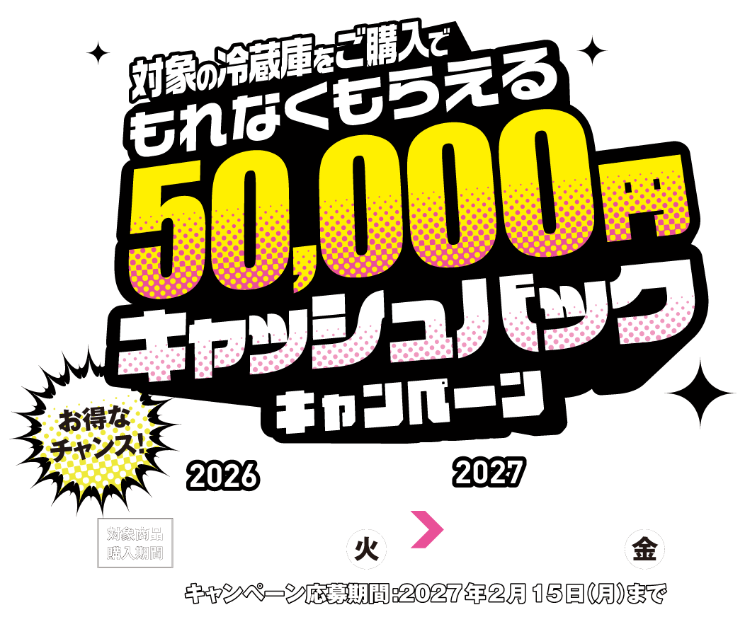 対象のAQUA冷蔵庫をご購入でもれなくもらえる50,000円キャッシュバックキャンペーン